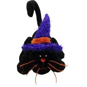 Halloween Black Cat Plush With Purple & Orange Witch Hat Posable Tail